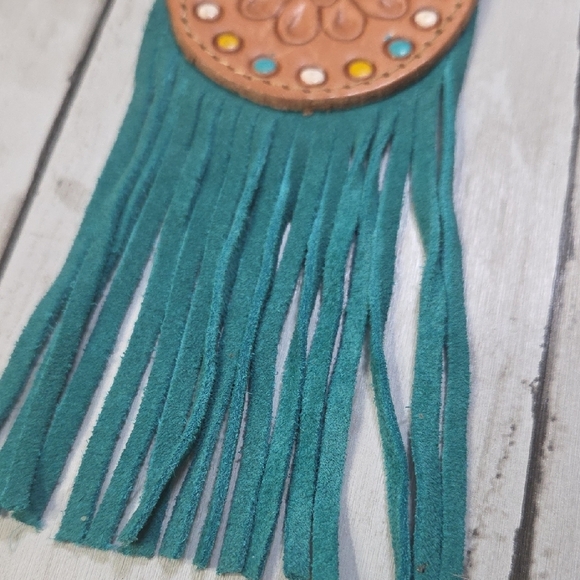 Myra Bag Tan and Teal Leather Fringe Keychain - Picture 3 of 5